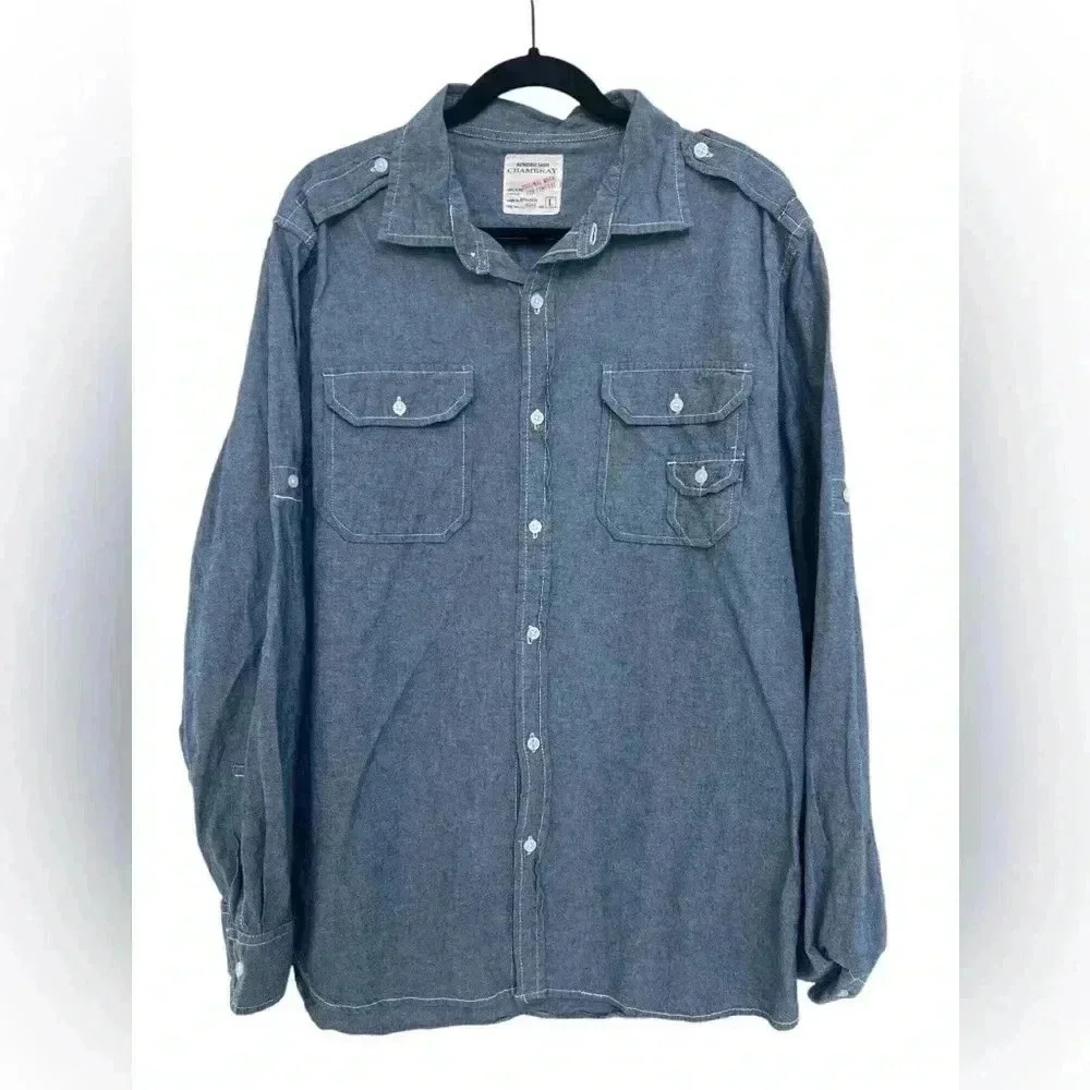Chambray Long Sleeve Button-up Work Shirt, Men’s Size Large
